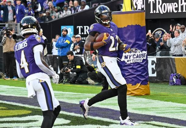 Baltimore Ravens running back Derrick Henry (22) scores a two yard touchdown against the New York Jets during the third quarter at M&T Bank Stadium in Baltimore, Maryland, on Sunday, November 23, 2025. Baltimore won 23-10.  BAL20251123145 DAVIDxTULIS