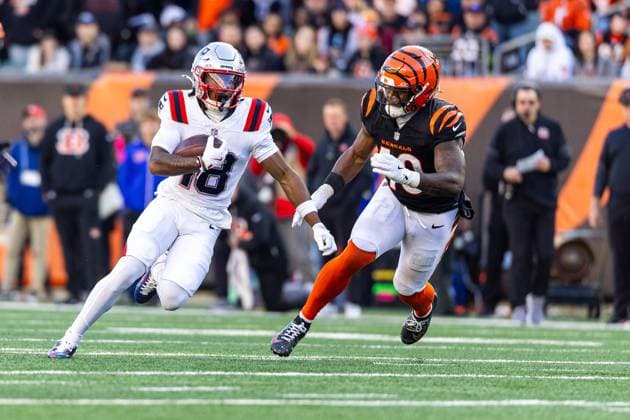 November 23, 2025: New England Patriots wide receiver Kyle Williams (18) runs with the ball after the catch during NFL, American Football Herren, USA game action against the Cincinnati Bengals at Paycor Stadium in Cincinnati, Ohio. CSM Cincinnati United States of America - ZUMAc04_ 20251123_zma_c04_203 Copyright: xJohnxMersitsx