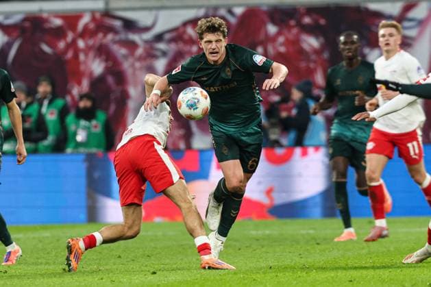 Jens Stage Werder Bremen,6 vs Christoph Baumgartner RB Leipzig,14 1 Soccer Bundesliga Season 2025 2026 Point Match RB Leipzig vs Werder Bremen at the Red Bull Arena in Leipzig Action,Soccer,Germany,Man,Men,23 11 2025