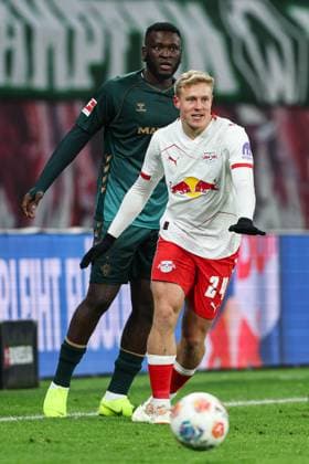Xaver Schlager RB Leipzig,24 vs Victor Boniface Werder Bremen,44 1 Soccer Bundesliga Season 2025 2026 Point Match RB Leipzig vs Werder Bremen at the Red Bull Arena in Leipzig Action,Soccer,Germany,Man,Men,23 11 2025