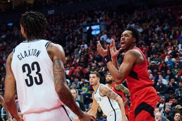 November 23, 2025, Toronto, On, Canada: Toronto Raptors Scottie Barnes (4) reacts after a block from Brooklyn Nets Nic Claxton (33) during first half NBA, Basketball Herren, USA basketball action in Toronto, on Sunday, Nov. 23, 2025. Canada News - November 23, 2025  - ZUMAc35_ 20251123_zaf_c35_112 Copyright: xSammyxKoganx
