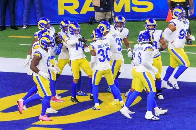 November 23, 2025, Inglewood, California, USA: 14 Decobie Durant, CB of the Los Angeles Rams celebrates his touchdown during their regular NFL, American Football Herren, USA season game against the Tampa Bay Buccaneers on Sunday November 23, 2025 at SoFi Stadium in Inglewood, California. Rams defeat Buccaneers, 34-7. ARIANA RUIZ PI Inglewood USA - ZUMAp124 20251123_zaa_p124_045 Copyright: xArianaxRuizx
