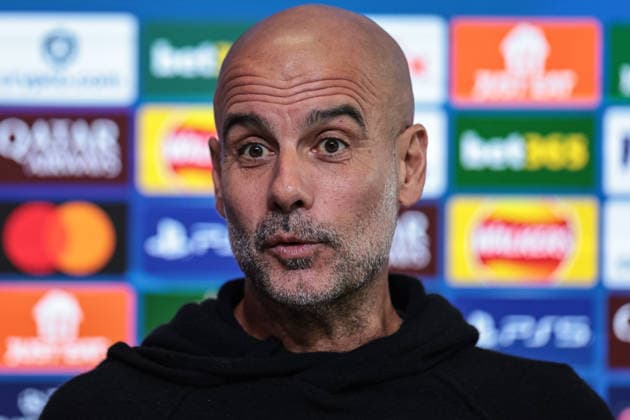 UEFA Champions League press conference, PK, Pressekonferenz Matchday 5 of 8 Manchester City vs Bayer 04 Leverkusen Pep Guardiola manager of Manchester City speaks to the press during the UEFA Champions League press conference Matchday 5 of 8 Manchester City vs Bayer 04 Leverkusen at Etihad Campus, Manchester, United Kingdom, 24th November 2025 (Photo by Mark Cosgrove News Images) Manchester Etihad Campus Manchester United, ManU Kingdom Copyright: xMarkxCosgrove NewsxImagesx