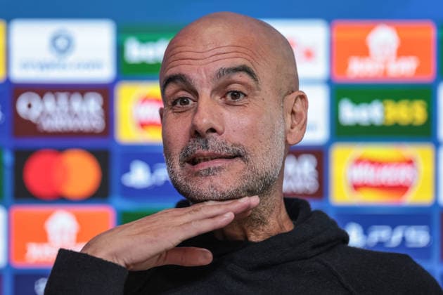 UEFA Champions League press conference, PK, Pressekonferenz Matchday 5 of 8 Manchester City vs Bayer 04 Leverkusen Pep Guardiola manager of Manchester City speaks to the press during the UEFA Champions League press conference Matchday 5 of 8 Manchester City vs Bayer 04 Leverkusen at Etihad Campus, Manchester, United Kingdom, 24th November 2025 (Photo by Mark Cosgrove News Images) Manchester Etihad Campus Manchester United, ManU Kingdom Copyright: xMarkxCosgrove NewsxImagesx