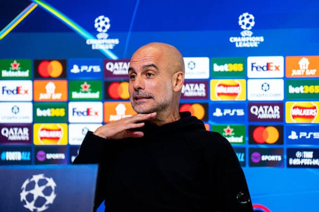 MANCHESTER, ENGLAND - NOVEMBER 24: Pep Guardiola head coach of Manchester City attends a press conference, PK, Pressekonferenz ahead of the UEFA Champions League 2025 26 League Phase MD5 match between Manchester City and Bayer 04 Leverkusen at Manchester City Football Academy on November 24, 2025 in Manchester, England. (Photo by Rene Nijhuis) SPO  Copyright: xRenexNijhuis