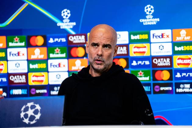 MANCHESTER, ENGLAND - NOVEMBER 24: Pep Guardiola head coach of Manchester City attends a press conference, PK, Pressekonferenz ahead of the UEFA Champions League 2025 26 League Phase MD5 match between Manchester City and Bayer 04 Leverkusen at Manchester City Football Academy on November 24, 2025 in Manchester, England. (Photo by Rene Nijhuis) SPO  Copyright: xRenexNijhuis