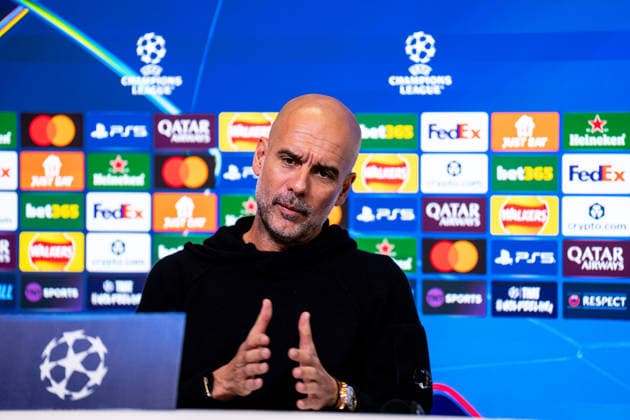 MANCHESTER, ENGLAND - NOVEMBER 24: Pep Guardiola head coach of Manchester City attends a press conference, PK, Pressekonferenz ahead of the UEFA Champions League 2025 26 League Phase MD5 match between Manchester City and Bayer 04 Leverkusen at Manchester City Football Academy on November 24, 2025 in Manchester, England. (Photo by Rene Nijhuis) SPO  Copyright: xRenexNijhuis