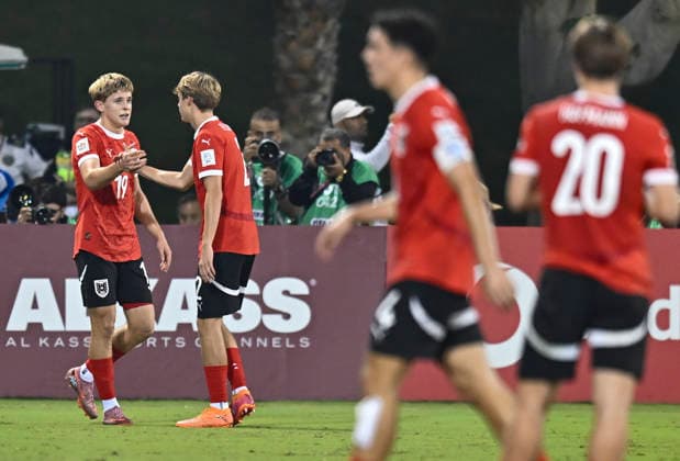 Austria v Italy : Semi-final- FIFA U-17 World Cup Qatar 2025 Johannes Mathias Moser (L) of Austria celebrates after scoring a goal during the FIFA U-17 World Cup Qatar 2025 Semi-final match between Austria and Italy in Doha, Qatar, on November 24, 2025. DOHA Qatar Copyright: xNOUSHADxTHEKKAYILx