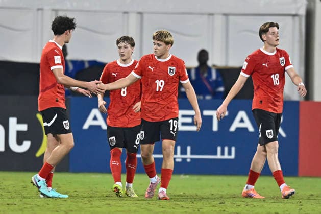 Austria v Italy : Semi-final- FIFA U-17 World Cup Qatar 2025 Johannes Mathias Moser (C) of Austria celebrates after scoring a goal during the FIFA U-17 World Cup Qatar 2025 Semi-final match between Austria and Italy in Doha, Qatar, on November 24, 2025. DOHA Qatar Copyright: xNOUSHADxTHEKKAYILx