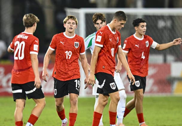 Austria v Italy : Semi-final- FIFA U-17 World Cup Qatar 2025 Johannes Mathias Moser (2-L) of Austria celebrates after scoring a goal during the FIFA U-17 World Cup Qatar 2025 Semi-final match between Austria and Italy in Doha, Qatar, on November 24, 2025. DOHA Qatar Copyright: xNOUSHADxTHEKKAYILx