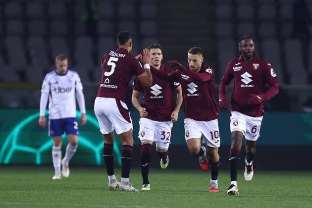 Nikola Vlasic (Torino Fc) celebrates after scoring his team s first goal with team mates, Serie A, Torino FC v Como 1907, Olimpico, November 24, 2025, Turin, Italy.