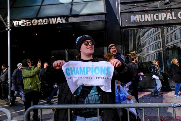 NEW YORK, NY- NOVEMBER 24 : Gotham FC celebrates their 2025 National Women s Soccer League Championship win with a parade in downtown Manhattan on November 24, 2025 in New York City. Copyright: xKatiexGodowskix