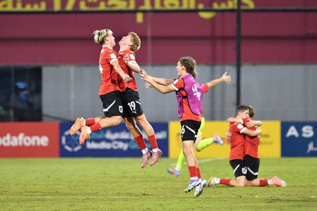 SOCCER - 2025 FIFA U17, U 17 World Cup DOHA,QATAR,24.NOV.25 - SOCCER - FIFA Under 17 World Cup Qatar 2025, Austria vs Italy. Image shows the rejoicing of team AUT with Jakob Pokorny and Johannes Moser (AUT).  GEPAxpictures xRanjithxKumar