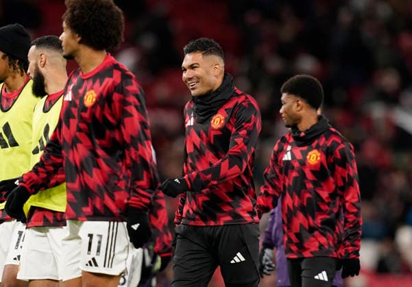 Manchester, England, 24th November 2025. Casemiro of Manchester United, ManU smiles during warm up before the Manchester United vs Everton Premier League match at Old Trafford, Manchester. Picture credit should read: Andrew Yates Sportimage EDITORIAL USE ONLY. No use with unauthorised audio, video, data, fixture lists, club league logos or live services. Online in-match use limited to 120 images, no video emulation. No use in betting, games or single club league player publications. SPI_014_AY_Manchester_Utd_Everton SPI-4308-0017
