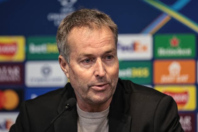 UEFA Champions League press conference, PK, Pressekonferenz Matchday 5 of 8 Manchester City vs Bayer 04 Leverkusen Kasper Hjulmand manager of Bayer 04 Leverkusen speaks to the press during the UEFA Champions League press conference Matchday 5 of 8 Manchester City vs Bayer 04 Leverkusen at City of Manchester Stadium, Manchester, United Kingdom, 24th November 2025 (Photo by Mark Cosgrove News Images) Manchester City of Manchester Stadium Manchester United, ManU Kingdom Copyright: xMarkxCosgrove NewsxImagesx