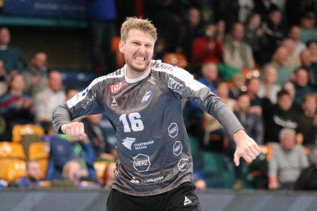 24 11 2025 Handball Men 2025 2026 2 Bundesliga 12 Matchday Dessau Roßlauer HV 06 VfL Eintracht Hagen Anhalt Arena Dessau Philip Ambrosius DRHV, gray celebrates a saved seven-meter penalty Dessau Roßlau Saxony Anhalt Germany