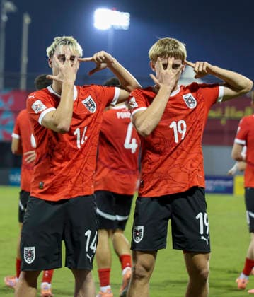 Austria v Italy : Semi-final- FIFA U-17 World Cup Qatar 2025 Johannes Mathias Moser (R) of Austria celebrates with his teammates after scoring the second goal during the FIFA U-17 World Cup Qatar 2025 Semi-final match between Austria and Italy in Doha, Qatar, on November 24, 2025. DOHA Qatar Copyright: xNOUSHADxTHEKKAYILx