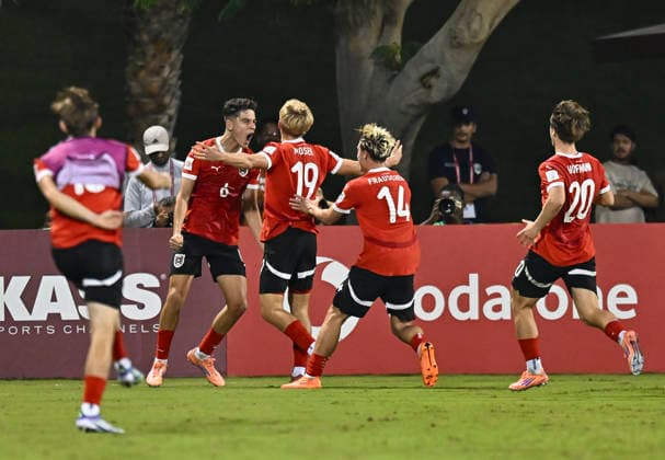 Austria v Italy : Semi-final- FIFA U-17 World Cup Qatar 2025 Johannes Mathias Moser (C) of Austria celebrates with his teammates after scoring the second goal during the FIFA U-17 World Cup Qatar 2025 Semi-final match between Austria and Italy in Doha, Qatar, on November 24, 2025. DOHA Qatar Copyright: xNOUSHADxTHEKKAYILx