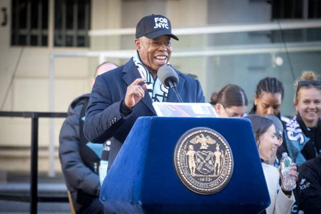NWSL 2025 Champions Parade at City Hall Park of NJ NY Gotham FC Eric Adams, Mayor of New York City, speaks as NJ NY Gotham FC receives a recognition at City Hall during the NWSL 2025 Champions Parade at City Hall Park of NJ NY Gotham FC on November 24, 2025 in New York City. NJ NY Gotham FC defeated 1-0 to Washington Spirit on November 22nd. United States Copyright: xWilliamxVolcovx