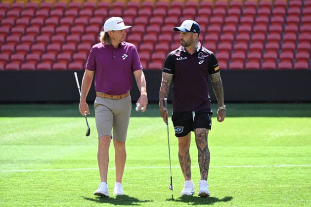 GOLF AUSTRALIAN PGA, Golf Herren PREVIEW, Golfer Cam Smith (left) and Broncos captain Adam Reynolds (right) are seen playing golf on Suncorp Stadium ahead of the 2025 Australian PGA Championship, at Suncorp Stadium, in Brisbane, Tuesday, November 25, 2025. ( BRISBANE QUEENSLAND AUSTRALIA  Copyright: xDARRENxENGLANDx 20251125137100770340