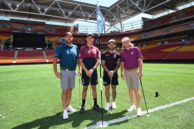 GOLF AUSTRALIAN PGA, Golf Herren PREVIEW, (Left to right) Marc Leishman, Lions player Hugh McCluggage, Broncos captain Adam Reynolds and Cam Smith are seen on Suncorp Stadium ahead of the 2025 Australian PGA Championship, at Suncorp Stadium, in Brisbane, Tuesday, November 25, 2025. ( BRISBANE QUEENSLAND AUSTRALIA  Copyright: xDARRENxENGLANDx 20251125177591764094
