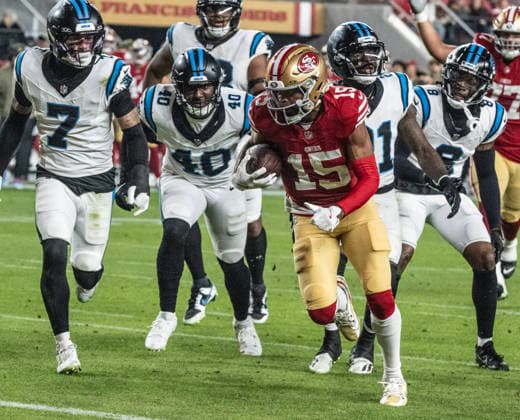 San Francisco 49ers wide receiver Jauan Jennings (15) takes a 12 yard paass from QB Brock Purdy into the endzone for a first quarter TD against the Carolina Panthers at Levi s Stadium in Santa Clara, California on Monday, November 24, 2025.  SXP2025112404 TERRYxSCHMITT