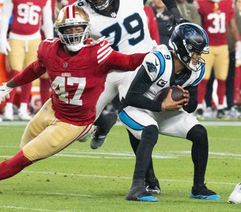 Carolina Panthers quarterback Bryce Young (9) eludes San Francisco 49ers defensive end Bryce Huff (47) in the second quarter at Levi s Stadium in Santa Clara, California on Monday, November 24, 2025. The 49ers defeated the Panthers 20-9.  SXP2025112407 TERRYxSCHMITT