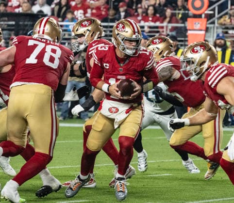 San Francisco 49ers quarterback Brock Purdy (13) drops back in the pocket in the second quarter against the Carolina Panthers at Levi s Stadium in Santa Clara, California on Monday, November 24, 2025. The 49ers defeated the Panthers 20-9.  SXP2025112410 TERRYxSCHMITT