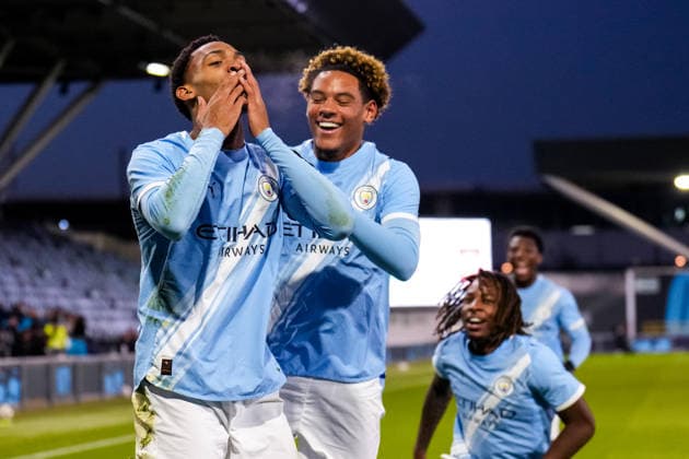 MANCHESTER, ENGLAND - NOVEMBER 25: Christian McFarlane of Manchester City U19 celebrates after scoring his team s third goal during the UEFA Youth League 2025 26 League match between Manchester City U19 and Bayer 04 Leverkusen U19 at Joie Stadium on November 25, 2025 in Manchester, England. (Photo by Rene Nijhuis) SPO  Copyright: xRenexNijhuis