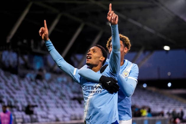 MANCHESTER, ENGLAND - NOVEMBER 25: Christian McFarlane of Manchester City U19 celebrates after scoring his team s third goal during the UEFA Youth League 2025 26 League match between Manchester City U19 and Bayer 04 Leverkusen U19 at Joie Stadium on November 25, 2025 in Manchester, England. (Photo by Rene Nijhuis) SPO  Copyright: xRenexNijhuis