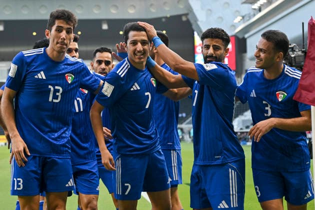 Mauritania v Kuwait : FIFA Arab Cup 2025 Qualification Stage Play-off match Mohammad Daham (2-L) of Kuwait is celebrating with his teammate after scoring the opening goal FIFA Arab Cup 2025 Qualification Stage Play-off match between Mauritania v Kuwait at Jassim Bin Hamad Stadium in Doha, Qatar, on November 25, 2025. DOHA Qatar Copyright: xNOUSHADxTHEKKAYILx