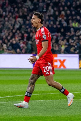 25 11 2025, Football UEFA Champions League, Season 2025 2026, Group stage, 05 Matchday, Ajax Amsterdam Benfica Lisbon at the Johan Cruijff ArenA in Amsterdam Richard Rios Benfica Lisbon, 20 celebrates the goal to 1 0 Photo Kirchner Media Thomas Haesler Copyright: xKirchner-Media ThomasxHaeslerx