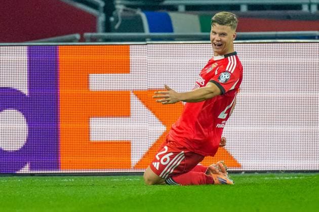 AMSTERDAM , 25-11-2025 , JohanCruyff Arena , season 2025 2026 , UEFA Champions League football , League phase Matchday 5 , match between Ajax and Benfica , picture shows celebrates after scoring Benfica player Samuel Dahl 0-1 Ajax - Benfica  x32194746x Copyright: