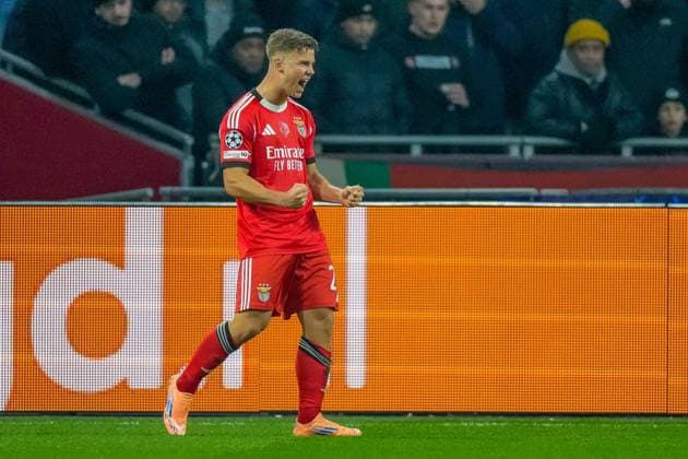 AMSTERDAM , 25-11-2025 , JohanCruyff Arena , season 2025 2026 , UEFA Champions League football , League phase Matchday 5 , match between Ajax and Benfica , picture shows celebrates after scoring Benfica player Samuel Dahl 0-1 Ajax - Benfica  x32194749x Copyright: