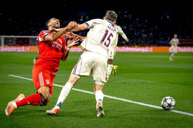 SL Benfica forwarder Vangelis Pavlidis, AFC Ajax Amsterdam defender Youri Baas during the match FOOTBALL CHAMPIONS LEAGUE AJAX vs BENFICA at the Johan Cruijff ArenA for the Champions League phase Matchday 5 season 2025 2026 in AMSTERDAM, Netherlands on 25 November 2025, photo by Stefan Koops EYE4images DeFodi Images