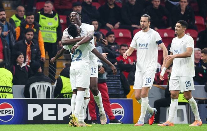 Union s Promise David celebrates after scoring during a soccer game between Turkish Galatasaray SK and Belgian Royale Union Saint-Gilloise on Tuesday 25 November 2025 in Istanbul, Turkey, on day 5 of the League phase of the UEFA Champions League tournament. VIRGINIExLEFOUR  x144213119x