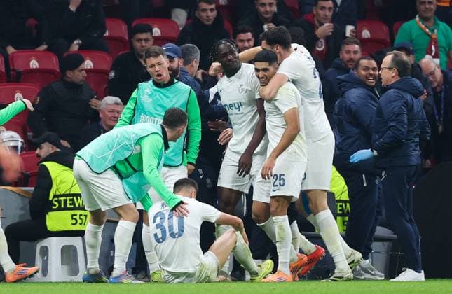 Union s Promise David celebrates after scoring during a soccer game between Turkish Galatasaray SK and Belgian Royale Union Saint-Gilloise on Tuesday 25 November 2025 in Istanbul, Turkey, on day 5 of the League phase of the UEFA Champions League tournament. VIRGINIExLEFOUR  x144213171x