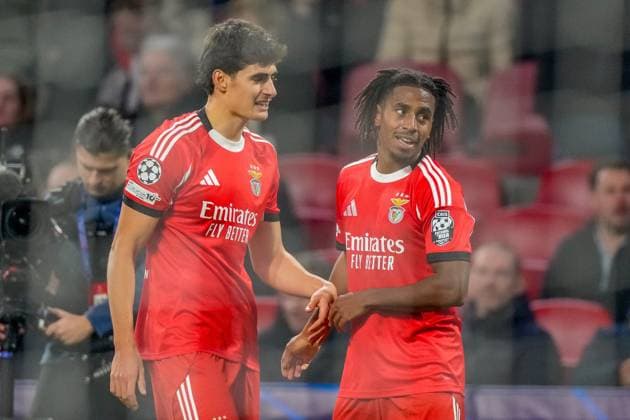 AMSTERDAM , 25-11-2025 , JohanCruyff Arena , season 2025 2026 , UEFA Champions League football , League phase Matchday 5 , match between Ajax and Benfica , picture shows Benfica player Leandro Barreiro celebrates after scoring 0-2 Ajax - Benfica  x32196113x Copyright: