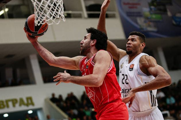 Hapoel s Vasilije Micic in action against Real Madrid s Edu Tavares during the Euroleague game between Hapoel IBI Tel Aviv vs Real Madrid - Arena Botevgrad in Botevgrad, Bulgaria on November 25, 2025  Copyright: xIvanxSxIvanov IPAxSportx xipa-agency.netx xx IPA_68376472 IPA_Agency_IPA68376472