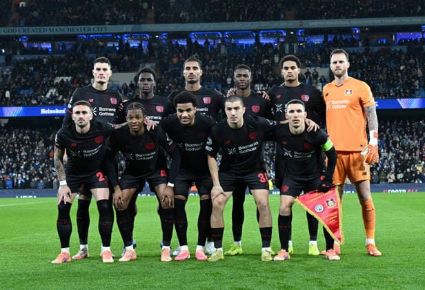 Manchester, England, 25th November 2025. Bayer Leverkusen starting eleven during the Manchester City vs Bayer Leverkusen UEFA Champions League match at the Etihad Stadium, Manchester. Picture credit should read: Cody Froggatt Sportimage EDITORIAL USE ONLY. No use with unauthorised audio, video, data, fixture lists, club league logos or live services. Online in-match use limited to 120 images, no video emulation. No use in betting, games or single club league player publications. SPI_012_CF_Man_City_Bayer SPI-4309-0032