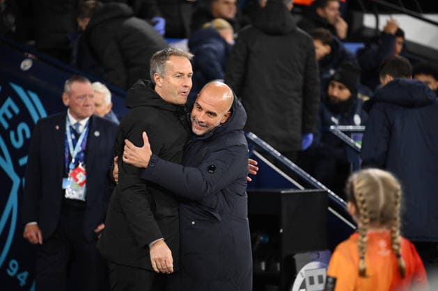 UEFA Champions League Manchester City vs Bayer 04 Leverkusen 25 11 2025 MANCHESTER, GREAT BRITAIN NOVEMBER 25 Manager of Manchester City Pep Guardiola and Manager of Bayer Leverkusen Kasper Hjulmand prior to the UEFA Champions League match between Manchester City vs Bayer 04 Leverkusen at Etihad Stadium on matchday 5 of the UEFA Champions League Season 2025 26 on November 25, 2025 in Manchester, Great Britain Copyright: xBEAUTIFULxSPORTS Mansoorx