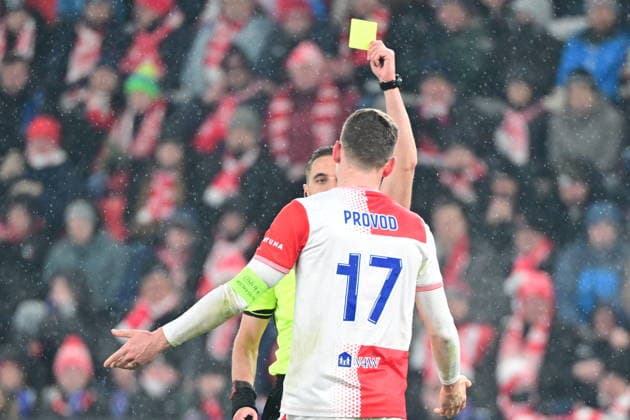 Lukas Provod of Slavia receives yellow card during the Football Champions League, 5th round match: Slavia Prague vs Athletic Bilbao in Prague, Czech Republic, November 25, 2025. (CTKxPhoto RomanxVondrous) CTKPhotoP2025112507658  CTKPhotoP2025112507658