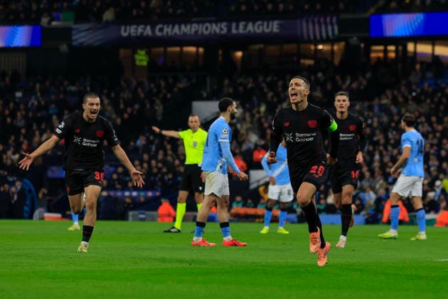 Manchester City v Bayer Leverkusen Champions League 25 11 2025. Alex Grimaldo (20) of Bayer Leverkusen celebrates scoring to make it 0-1 during the Champions League match between Manchester City and Bayer Leverkusen at the Etihad Stadium, Manchester, England on 25 November 2025. Manchester Etihad Stadium Manchester England Editorial use only , Copyright: xConorxMolloyx PSI-23265-0033