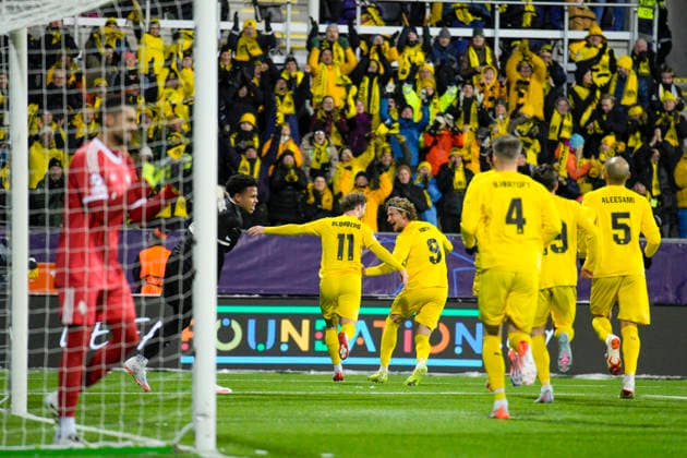 Champions League 2025 2026 Bodo Glimt Juventus Bodo 20251125 Ole Didrik Blomberg and Kasper Hogh after the 1 0 score in the Champions League football match between Bodo Glimt and Juventus at Aspmyra Stadium Photo Stian Lysberg Solum NTB Bodo Norway EDITORIAL USE ONLY RESTRICTED USE FOR BETTING COMPANIES  Copyright: xStianxLysbergxSolumx xNTBx