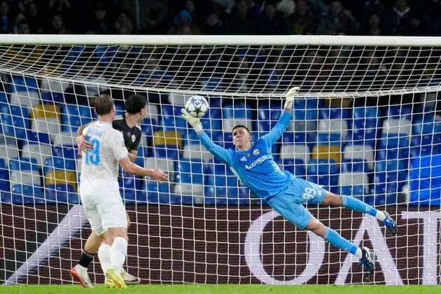 Mateusz Kochalski (Qarabag FK) in action, UEFA Champions League 2025 26 League Phase MD5, SSC Napoli v Qarabag FK, Diego Armando Maradona Stadium, November 25, 2025, Naples, Italy.