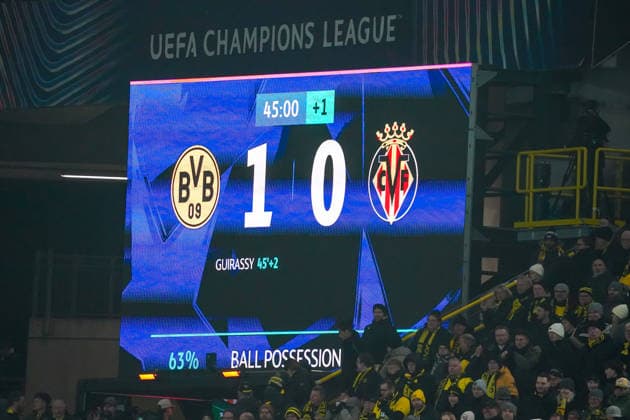 2025-11-25 Borussia Dortmund v Villarreal CF - UEFA Champions League 2025 26 League Phase MD5 DORTMUND, GERMANY - NOVEMBER 25: Score line is shown on the screen during the UEFA Champions League 2025 26 League Phase MD5 match between Borussia Dortmund and Villarreal CF at BVB Stadion Dortmund on November 25, 2025 in Dortmund, Germany. (Photo by Gabriel Calvino Alonso BSR Agency) Dortmund Germany Content not available for redistribution in The Netherlands directly or indirectly through any third parties. Copyright: xBSRxAgencyx