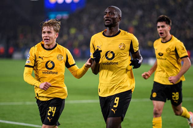 DORTMUND, GERMANY - 25 NOVEMBER, 2025: Daniel Svensson, Serhou Guirassy, Felix Nmecha , goal - UEFA Champions League match Borussia Dortmund vs Villarreal CF at Signal Iduna Park.  Copyright: xVITALIIxKLIUIEVx