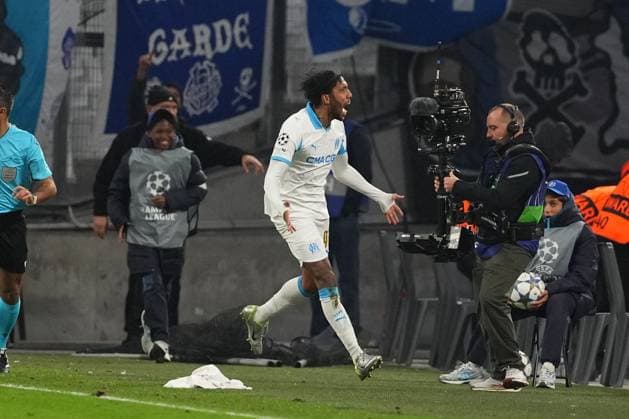 Pierre-Emerick Aubameyang of Marseille celebrates after he makes the score 1-1 Marseille v Newcastle United, UEFA Champions League, Group Stage, Football, Orange Velodrome, Marseille, France- 25 Nov 2025Marseille Orange Vélodrome France EDITORIAL USE ONLY No use with unauthorised audio, video, data, fixture lists, club league logos or live services. Online in-match use limited to 120 images, no video emulation. No use in betting, games or single club league player publications.  Copyright: xDavexWinter Shutterstockx 15918266bk