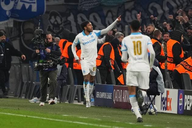 Pierre-Emerick Aubameyang of Marseille celebrates after he makes the score 1-1 Marseille v Newcastle United, UEFA Champions League, Group Stage, Football, Orange Velodrome, Marseille, France- 25 Nov 2025Marseille Orange Vélodrome France EDITORIAL USE ONLY No use with unauthorised audio, video, data, fixture lists, club league logos or live services. Online in-match use limited to 120 images, no video emulation. No use in betting, games or single club league player publications.  Copyright: xDavexWinter Shutterstockx 15918266bl