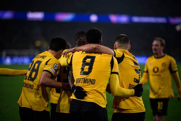 DORTMUND, GERMANY - 25 NOVEMBER, 2025: Daniel Svensson, Serhou Guirassy, Felix Nmecha - UEFA Champions League match Borussia Dortmund vs Villarreal CF at Signal Iduna Park.  Copyright: xVITALIIxKLIUIEVx